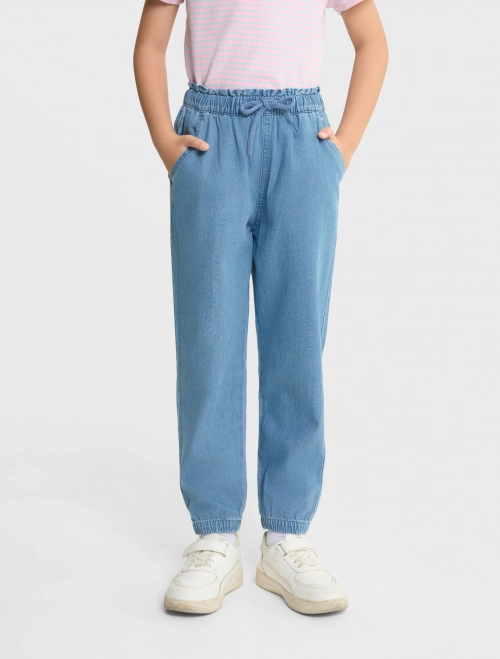 Quần jeans bé gái cotton dáng suông có bo chun gấu 