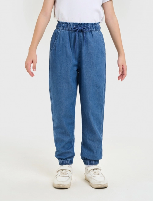 Quần jeans bé gái cotton dáng suông có bo chun gấu 