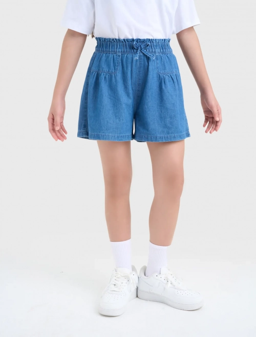 Quần soóc denim bé gái cạp chun dáng rộng