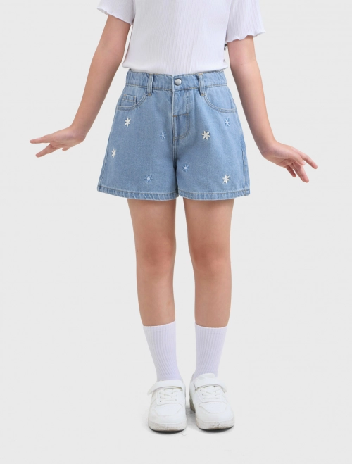 Quần soóc jeans bé gái cotton thêu họa tiết