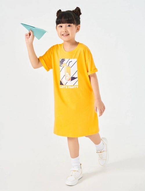 Váy liền bé gái cotton cổ tròn có hình in