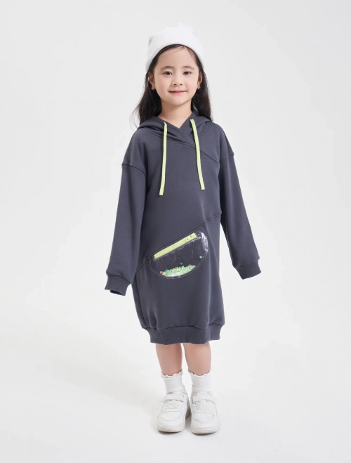 Váy nỉ bé gái có mũ túi ốp