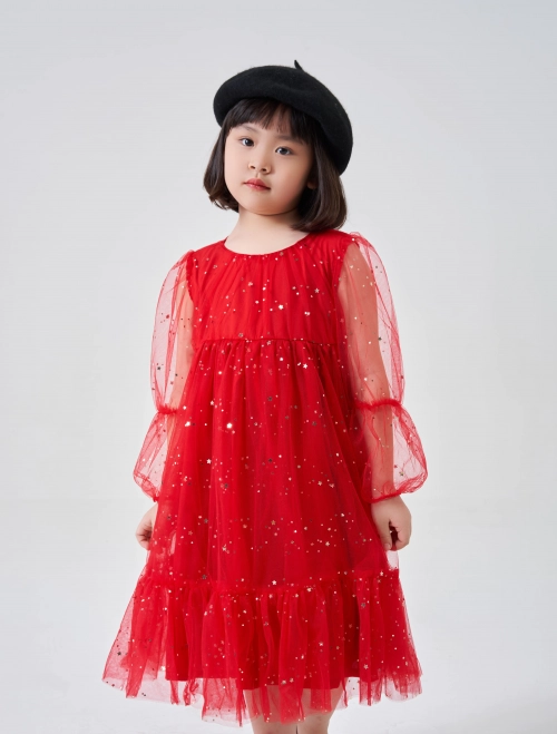 Váy liền dài tay bé gái chất liệu lưới lấp lánh