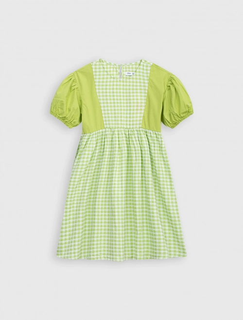 Váy liền bé gái cotton cổ tròn tay bồng nhẹ dáng xòe