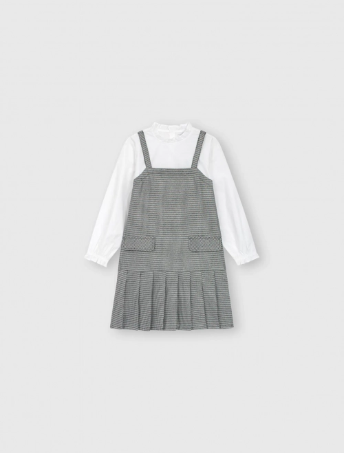 Váy liền bé gái dài tay phối vải