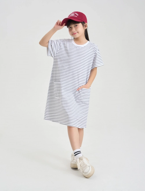 Váy liền bé gái cotton hoạ tiết kẻ dáng suông