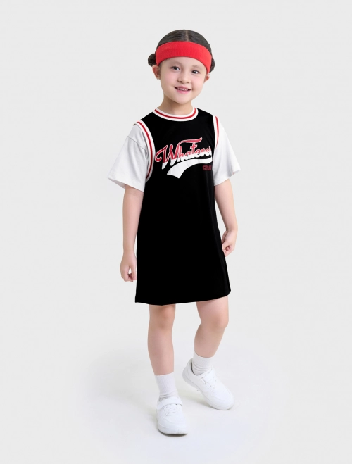 Váy liền bé gái phối màu có hình in