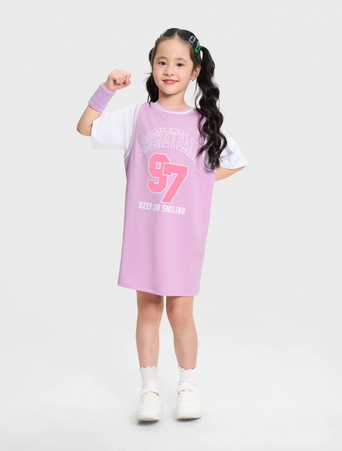 Váy liền bé gái phối màu có hình in