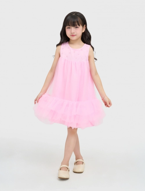 Váy liền bé gái sát nách dáng suông đuôi váy bồng xòe