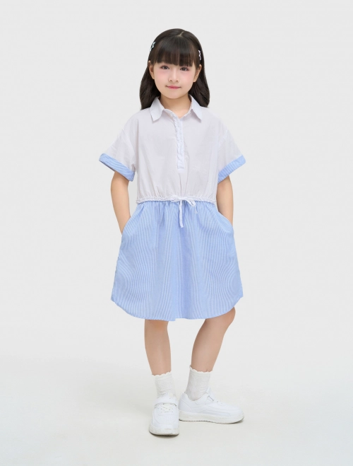 Váy liền bé gái cotton phối kẻ