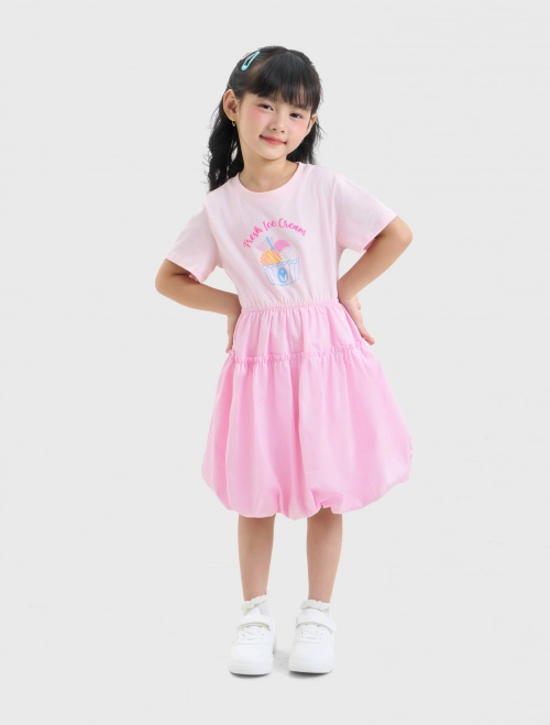 Váy liền bé gái dáng bí phối chất liệu