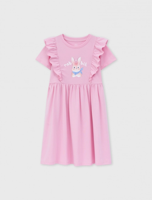 Váy liền bé gái phối bèo có hình in