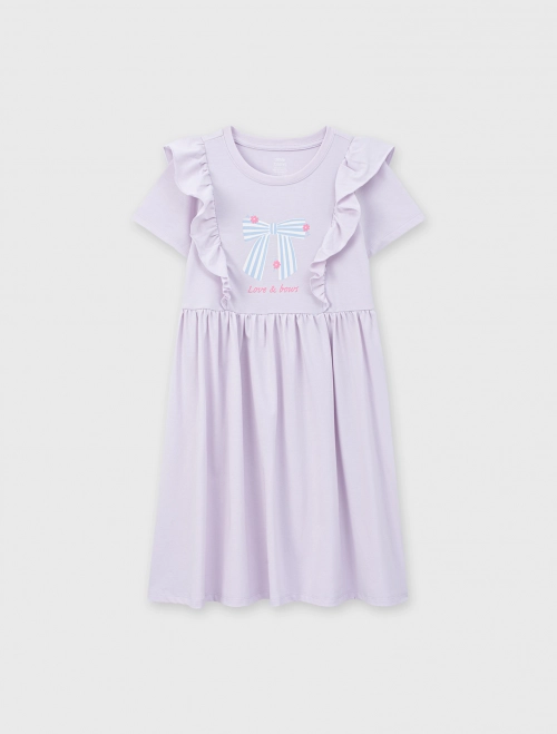 Váy liền bé gái phối bèo có hình in