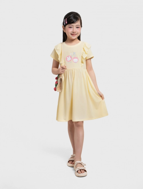 Váy liền bé gái phối bèo có hình in