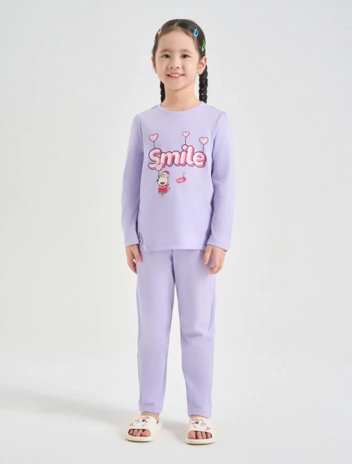 Bộ mặc nhà bé gái dài tay quần dài in hình Wolfoo