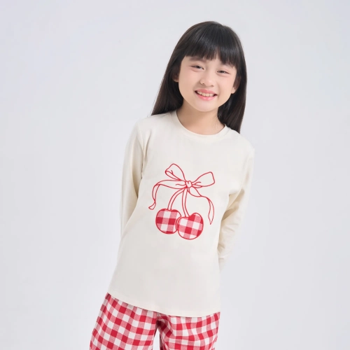 Bộ mặc nhà bé gái có hình in phối quần kẻ