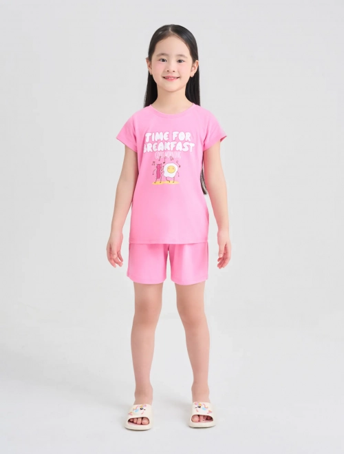 Bộ mặc nhà bé gái phối màu có hình in