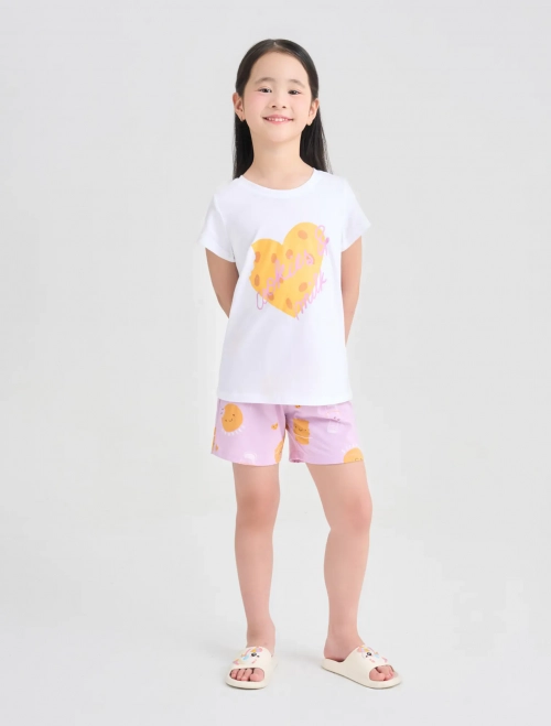 Bộ mặc nhà bé gái phối màu có hình in