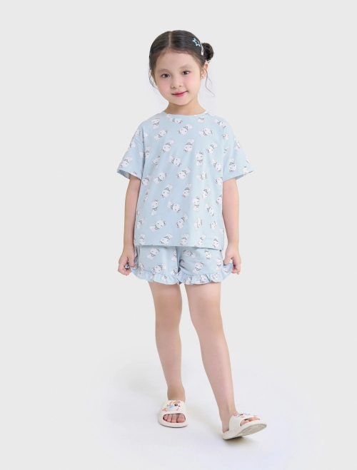 Bộ mặc nhà bé gái cộc tay quần đùi chun có hình in