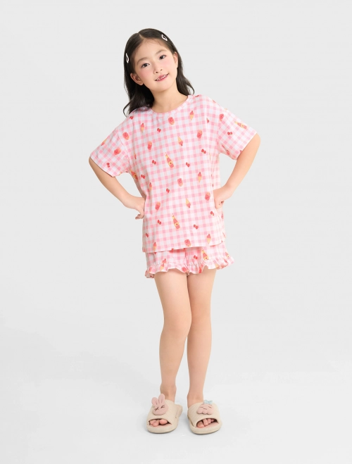 Bộ mặc nhà bé gái cộc tay quần đùi chun có hình in