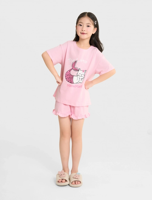 Bộ mặc nhà bé gái cộc tay quần đùi chun có hình in