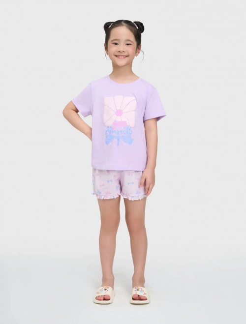 Bộ mặc nhà bé gái áo cộc tay cổ tròn quần chun có hình in