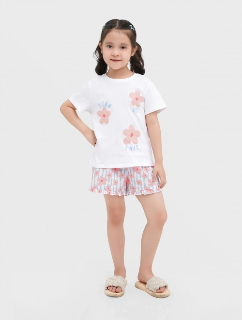 Bộ mặc nhà bé gái áo cộc tay cổ tròn quần chun có hình in