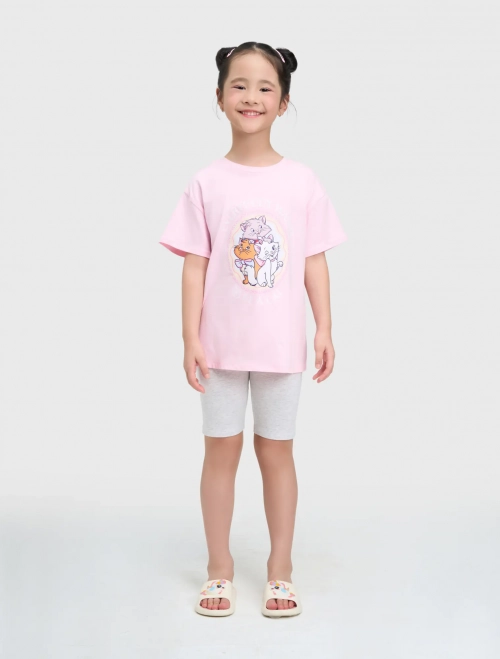 Bộ mặc nhà bé gái cộc tay cổ tròn quần lửng chun có hình in