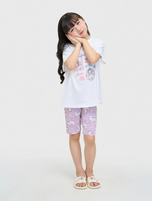 Bộ mặc nhà bé gái cộc tay cổ tròn quần lửng chun có hình in