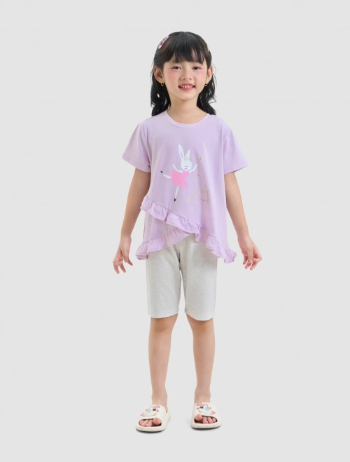 Bộ mặc nhà bé gái phối bèo có hình in | OEKO-TEX