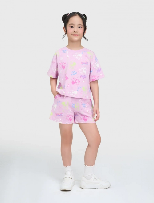Bộ quần áo bé gái cộc tay cổ trong quần cotton chun in hình Mickey & Friend