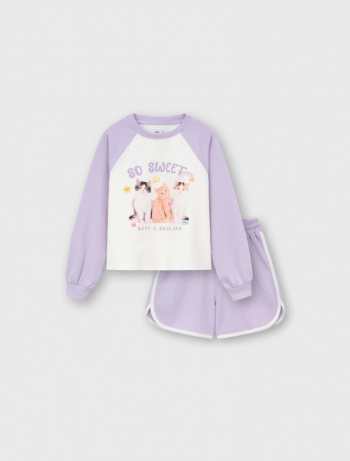 Bộ quần áo nỉ vòng lông bé gái có hình in