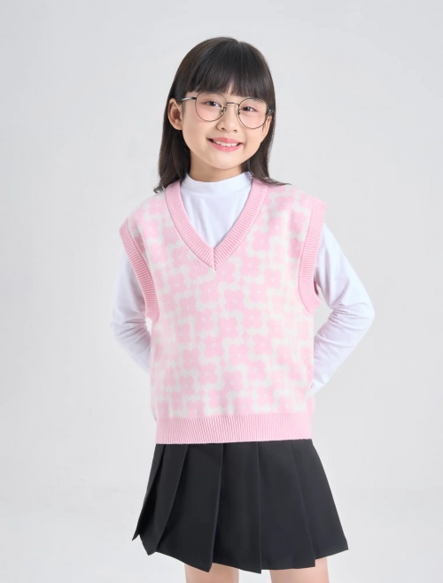 Áo len gilet bé gái hoạ tiết