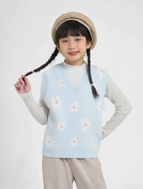 Áo gilet len bé gái hoạ tiết