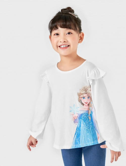 Áo phông bé gái cotton dài tay bèo vai có hình in Elsa