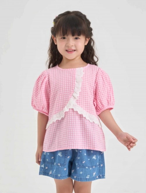 Áo kiểu bé gái cotton phối ren tay bồng