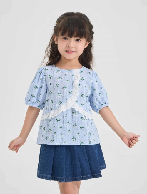 Áo kiểu bé gái cotton phối ren tay bồng