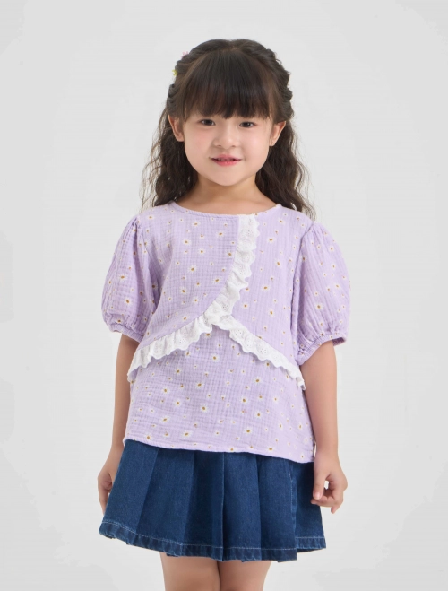 Áo kiểu bé gái cotton phối ren tay bồng