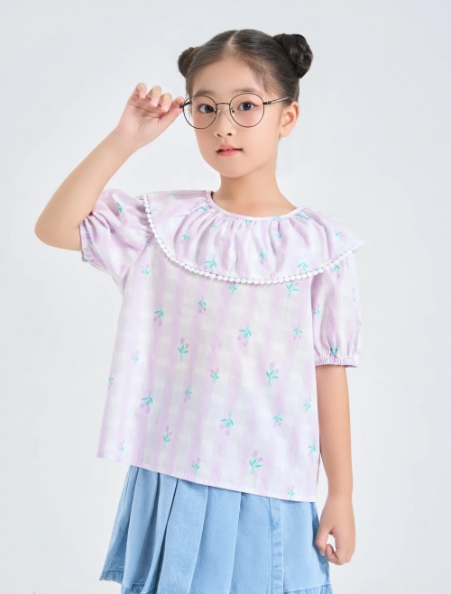 Áo kiểu bé gái phối bèo in hoạ tiết