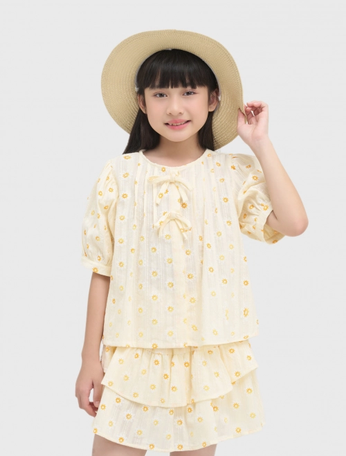 Áo kiểu bé gái tay bồng hoạ tiết có nơ