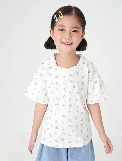 Áo polo bé gái cổ bẻ cộc tay in họa tiết dáng suông