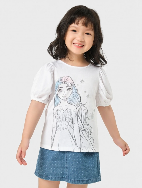 Áo phông bé gái cotton tay bồng có hình in Elsa
