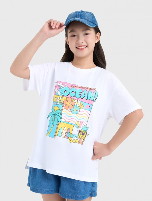 Áo phông bé gái cotton USA oversize có hình in