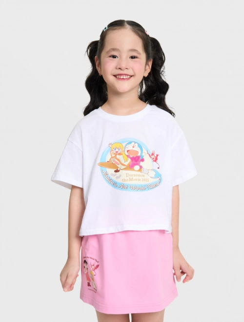Áo phông bé gái cotton USA dáng croptop in hình Doraemon