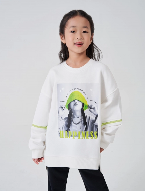 Áo nỉ bé gái dáng rộng có hình in