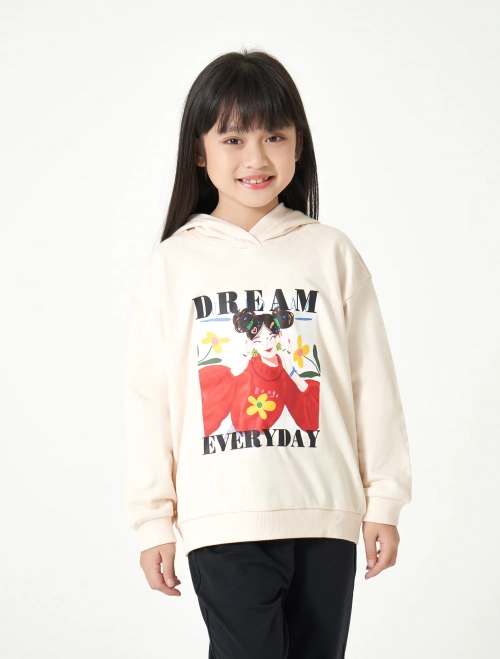 Áo nỉ bé gái có mũ dáng cơ bản in hình tự do