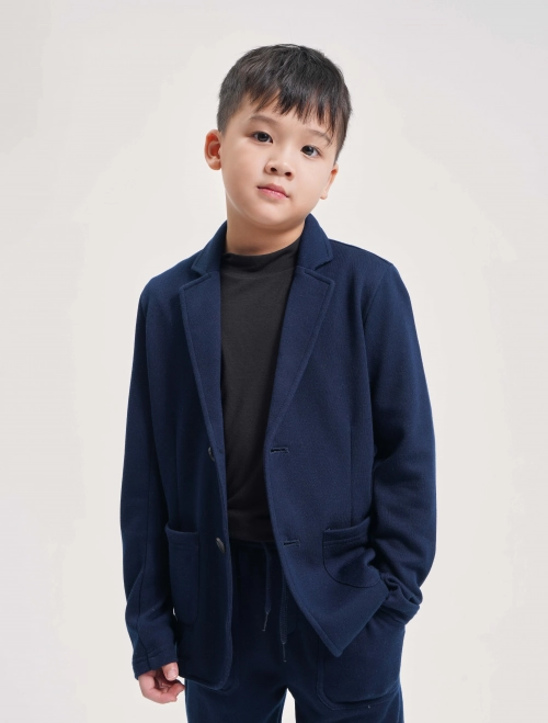Áo blazer bé trai cổ bẻ ve vạt tròn