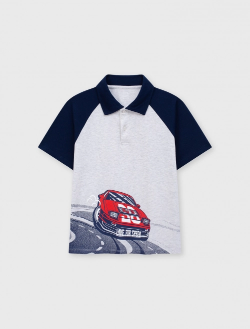 Áo polo bé trai Cotton USA phối màu có hình in