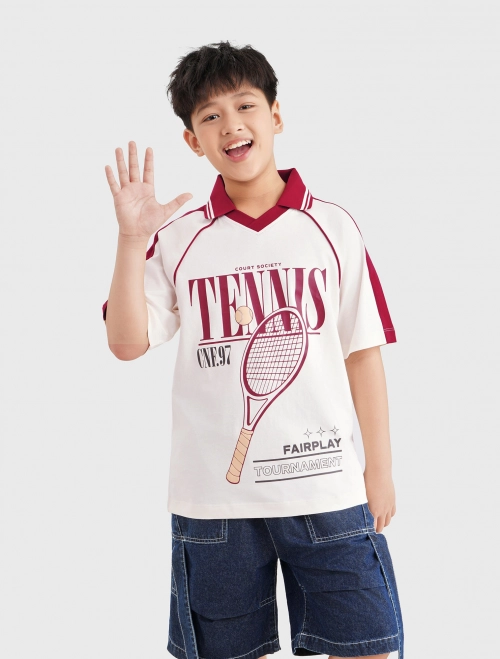 Áo polo bé trai Cotton USA phối màu có hình in