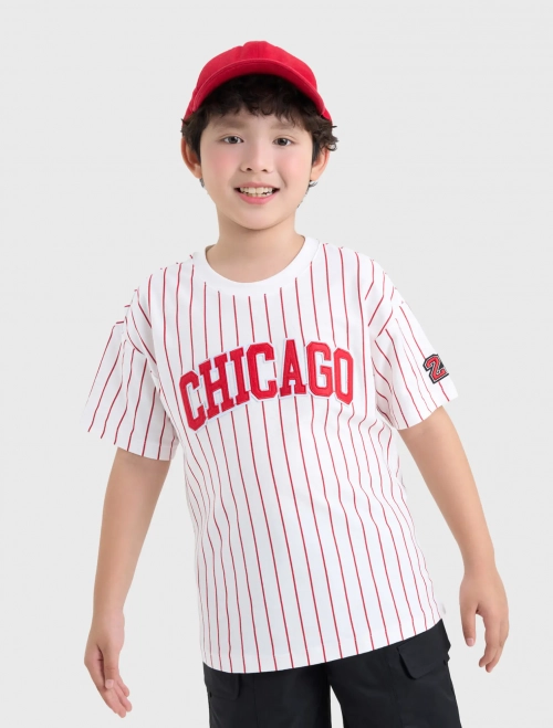 Áo phông bé trai cotton kẻ sọc đính patch trang trí